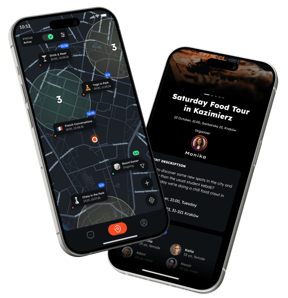 Neario app showing nearby events on a map and an event detail screen